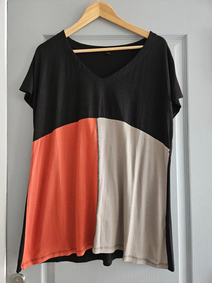 T-shirt tunique à manches courtes femme - Taille 6 (46 / XXXL) - Noir gris et orange