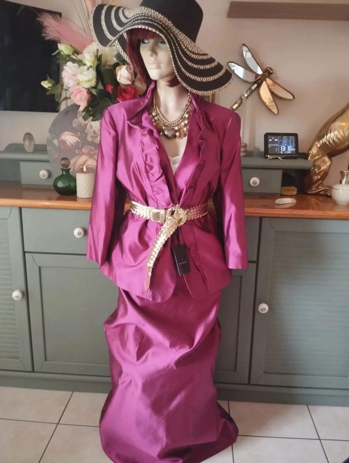 🌹 Ensemble Veste & Jupe Magenta Pure Soie Sintesis T50/52🌹