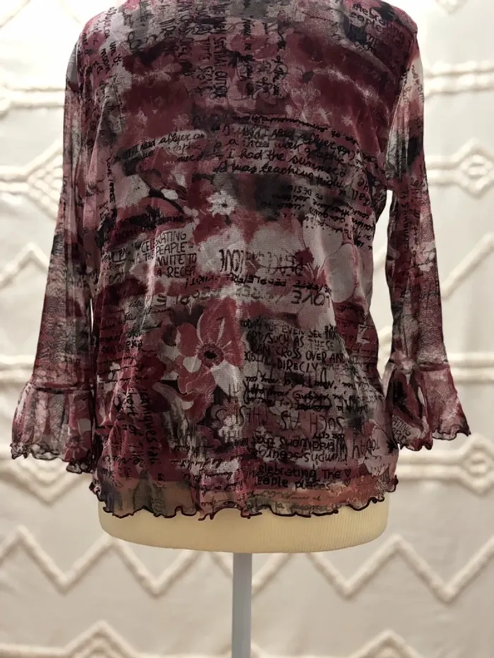 Haut vintage transparent à manches évasées - imprimé texte & fleurs - photo numéro 6
