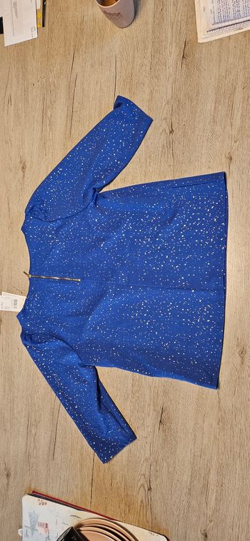 Blouse habillée bleue et dorée, Camaieu, L, neuve