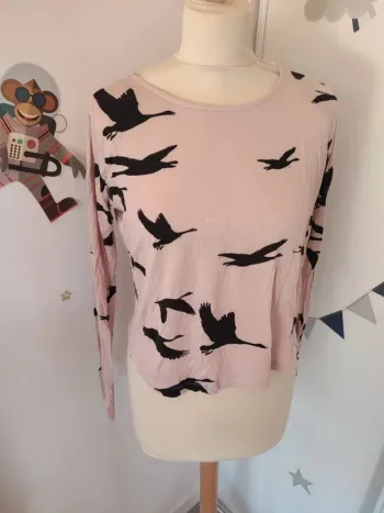 T-shirt fluide rose noir H&M léger oiseau XS