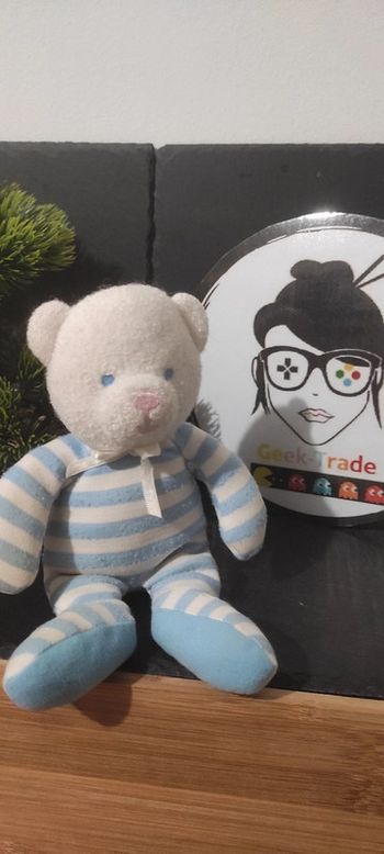 Doudou hochet luminou ours rayé  blanc rayures bleu Jemini Éponge Noeud Ancien