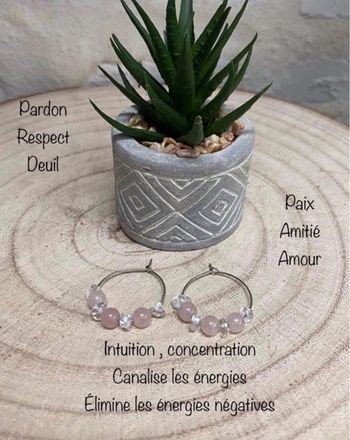 Créoles quartz rose et cristal de roche , lithothérapie