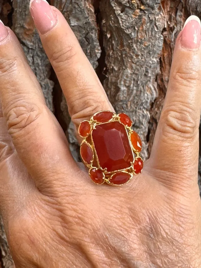 Grosse bague habaha Paris tout en cornaline et acier inoxydable or - photo numéro 8