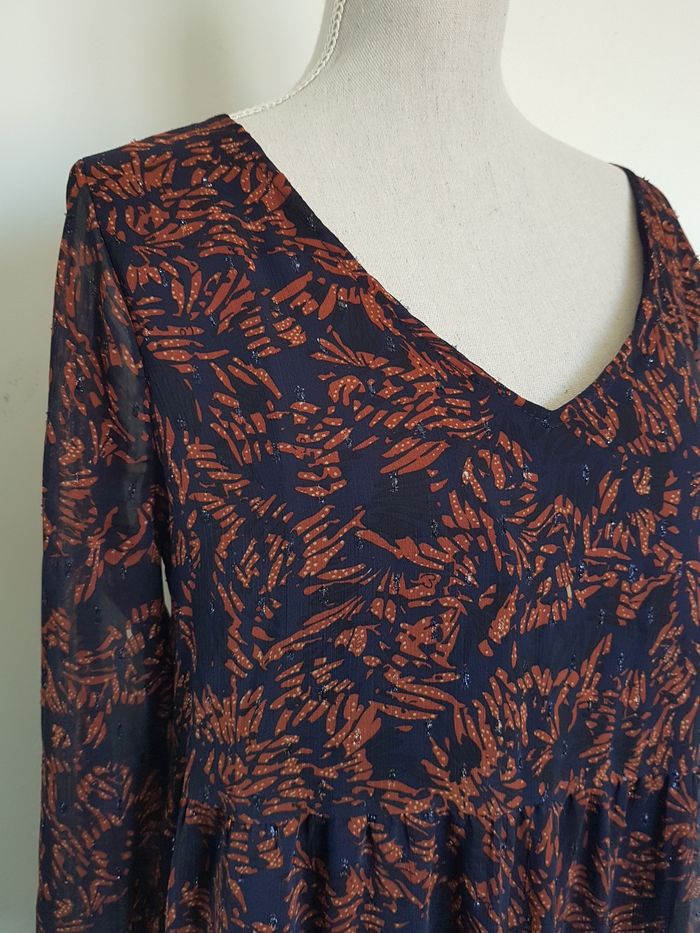 Robe marine à motifs marrons et jaunes. Deeluxe Women. Taille XL, 53cm aux aisselles, 92cm de haut. - photo numéro 3