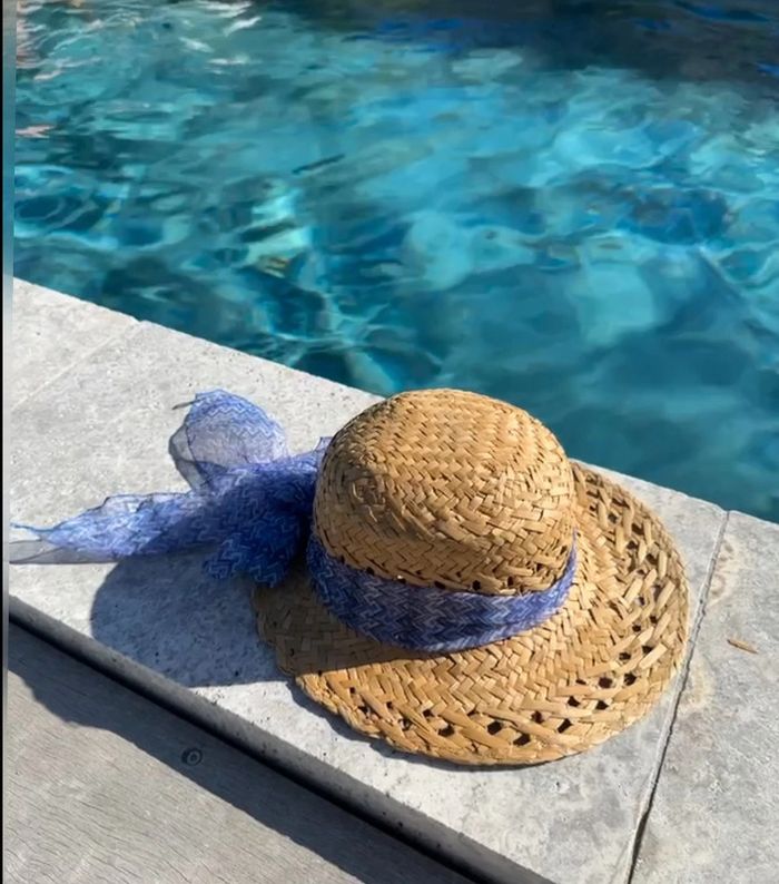 Chapeau en paille ruban imprimé bleu modèle vintage fabriqué en Italie T.U - photo numéro 2
