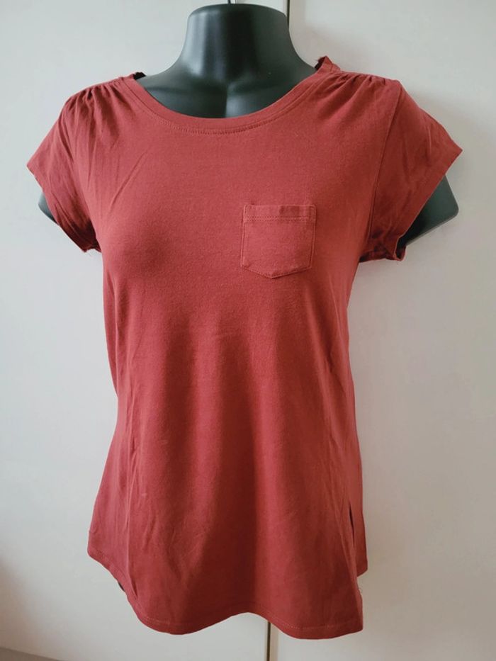 Tee shirt haut top couleur rouille rouge original épaules froufrous taille L 40 - photo numéro 3