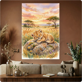 Affiche murale "Lionceau Savane" poster animal safari coucher soleil déco A3 Sans cadre