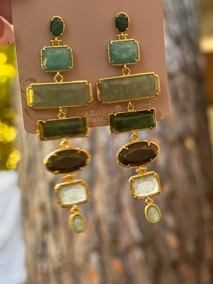 Grande boucles d’oreilles habaha paris acier inoxydable or malachite amazonite jade vert véritables - photo numéro 2