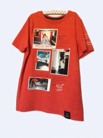 t-shirt manches courtes c&a garçon 9-10 ans 134-140 cm orange chiné motifs skateboards