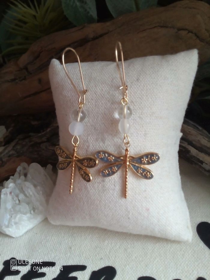 Boucles d'oreilles bohèmes libellules et pierres naturelles - photo numéro 4