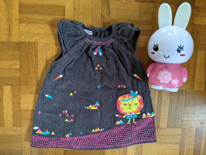 Jolie robe velours gris anthracite brodée lionne DPAM 6 mois