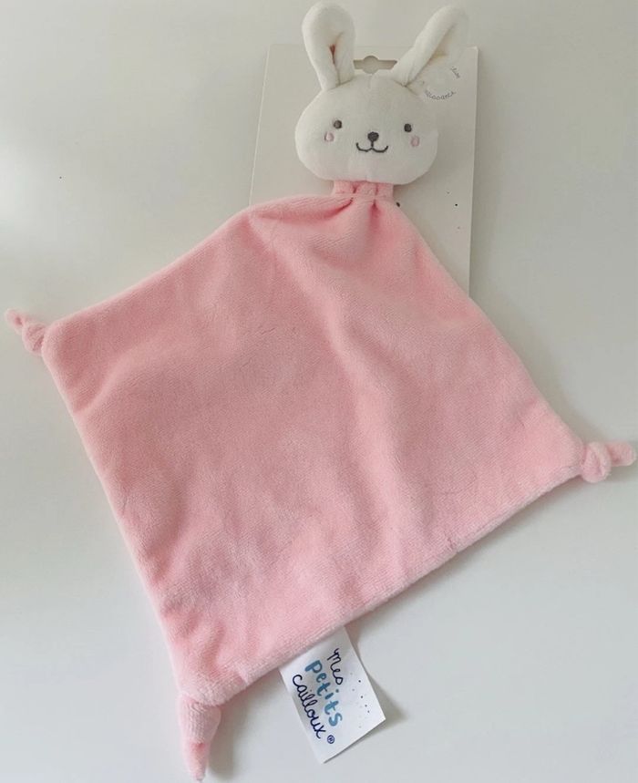 B6288❤️ Doudou Plat Mouchoir Lapin Rabbit MES PETITS CAILLOUX Blanc Rose