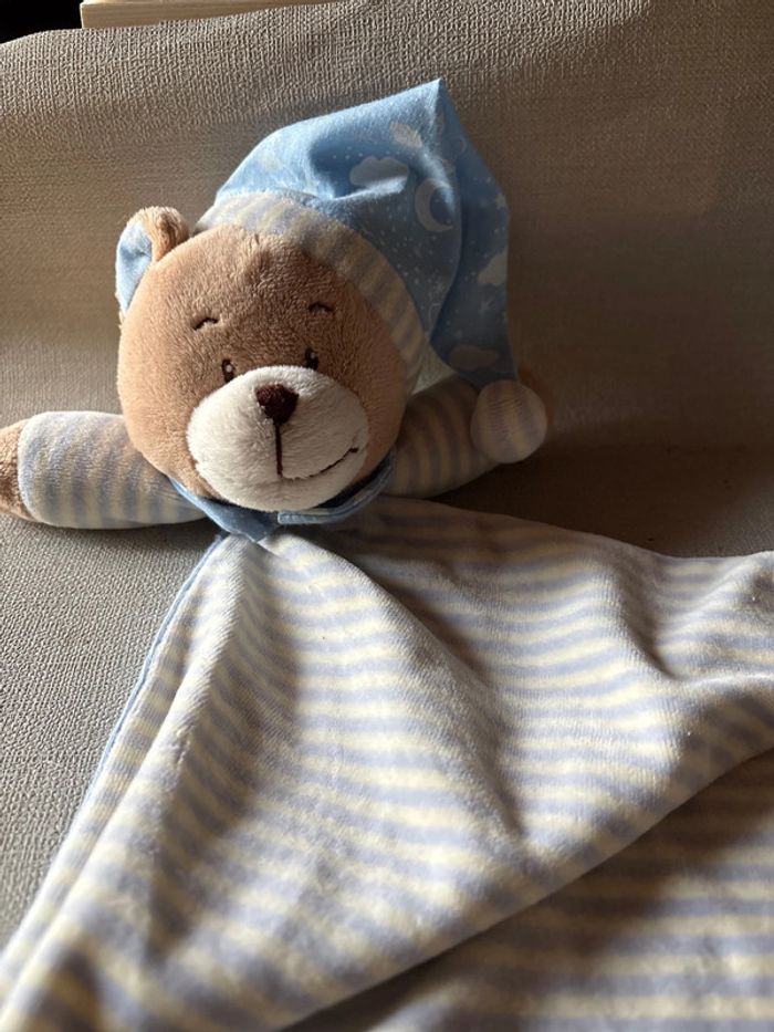 Grand doudou ours bleu bleu rayé blanc gmbh - photo numéro 2