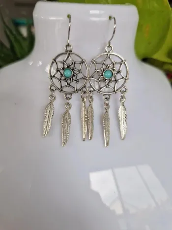 Boucles d'oreilles fantaisies argentées attrape-reve et plume