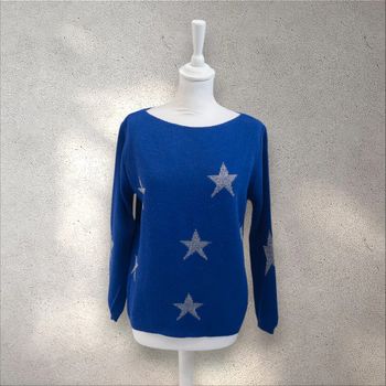 Pull d'hiver bleu motifs étoiles argentées taille S