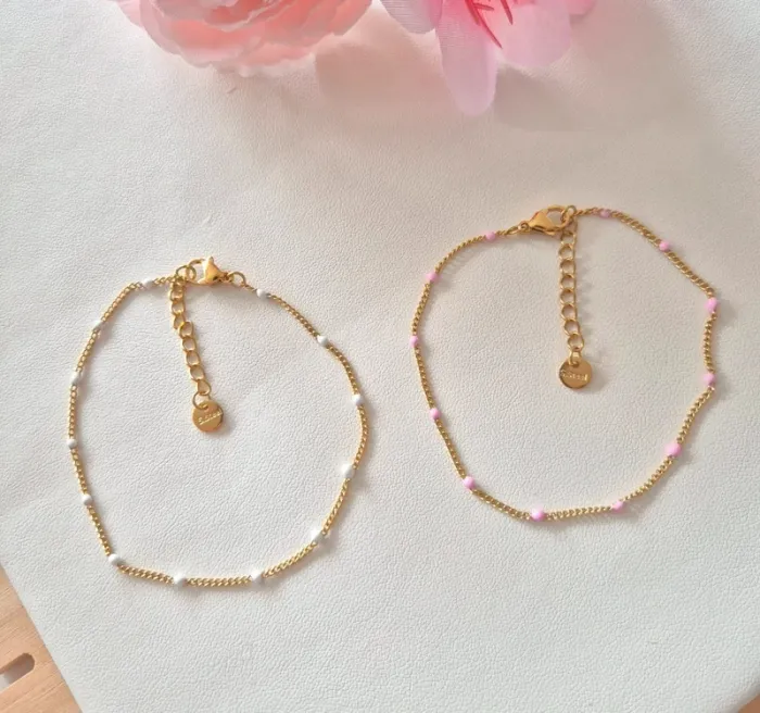 Lot de 2 bracelets dorée acier inoxydable 🌸 rose + blanc - photo numéro 2