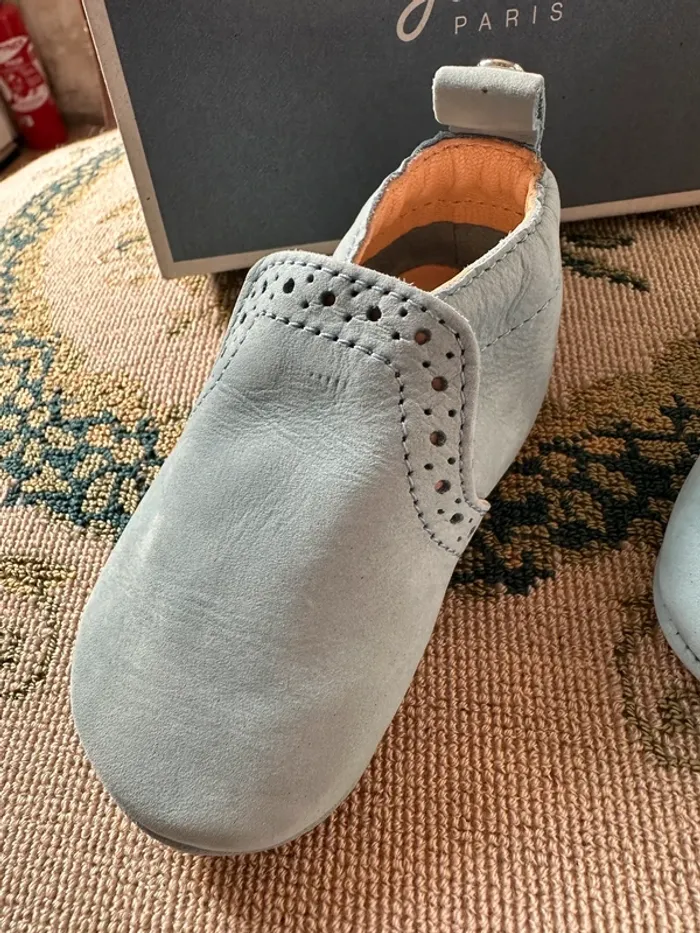 NEUF Jacadi chaussons pantoufles chaussures bleu ciel cuir 17 bébé Basile garçon - photo numéro 3