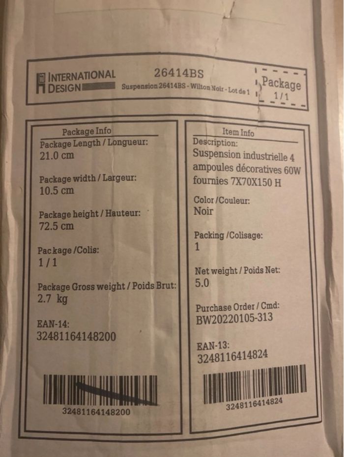 Suspension industrielle 4 ampoules