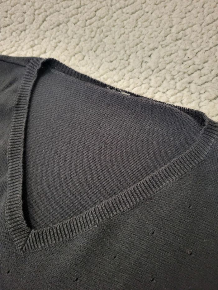 Pull fin noir nid d'abeilles 100% coton col V - XL - photo numéro 5