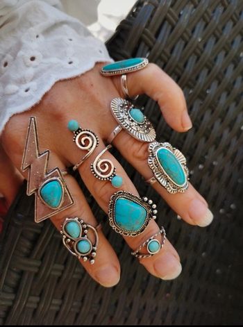 A48 lot de 8 bagues bohème rétro turquoise diverses taille.neuves