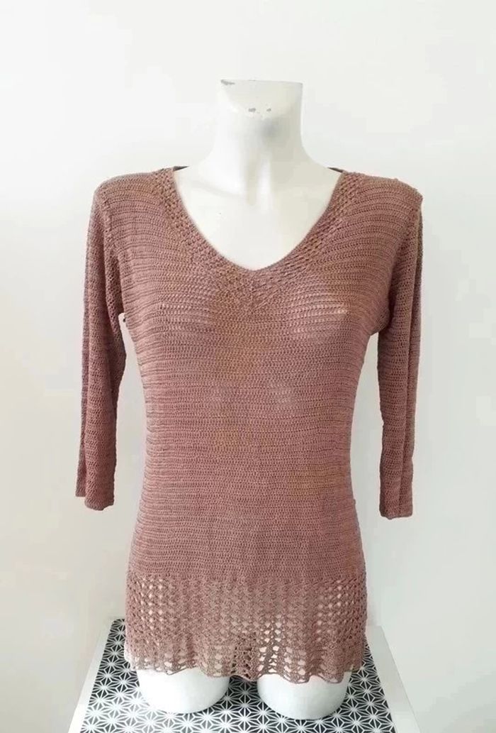 Pull marron vintage au crochet col V taille 38