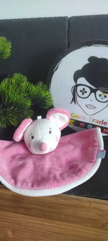 Doudou plat rond souris blanc rose spirales ancien vintage sucre d'orge