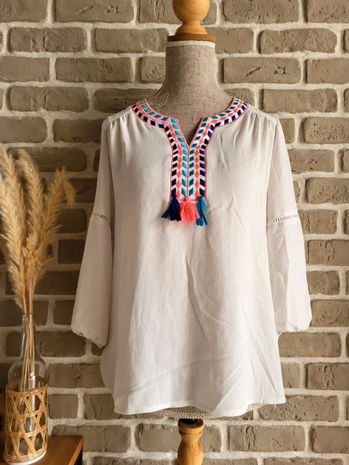 Blouse bohème broderies et pompons Cache Cache