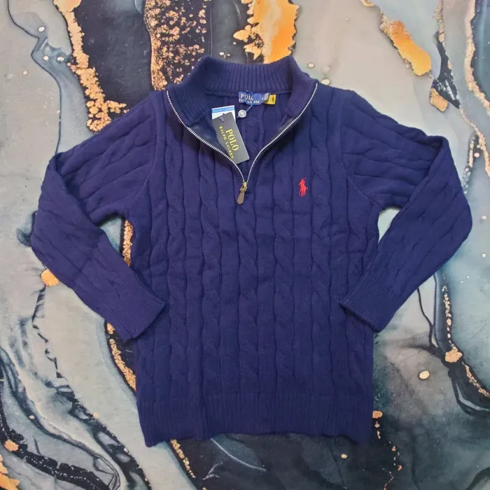 Pull torsadé Half Zip Ralph Lauren - Taille M - Bleu logo brodé rouge - Neuf - photo numéro 2