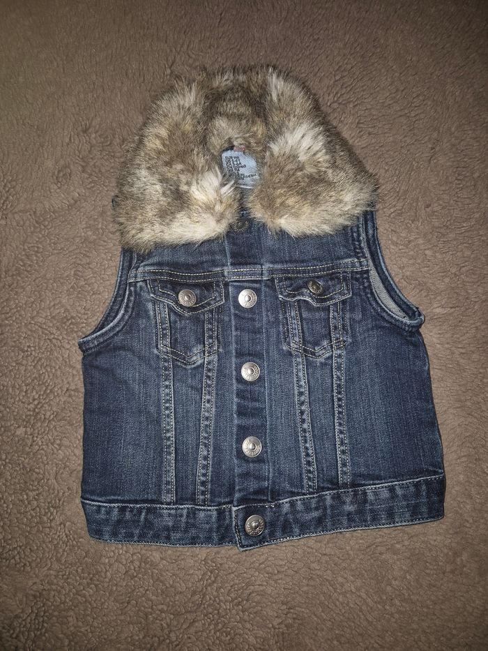 Veste jeans sans manches col fourrure - photo numéro 2