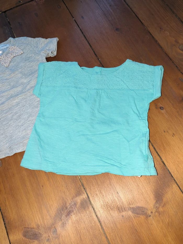 2 tshirts manches courtes turquoise et gris noeud girly 12 mois - photo numéro 2