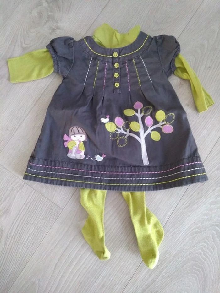 Ensemble fille gris et vert 3 pièces robe 3 mois