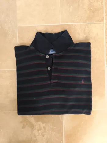 Magnifique pull col  boutonné Ralph Lauren homme L noir rayures vertes rouges logo rouge