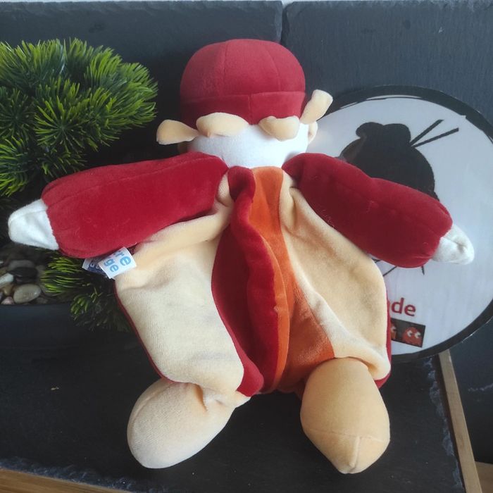 Doudou semi plat Clown rouge orange Sucre d'orge noeud papillon bonnet - photo numéro 2