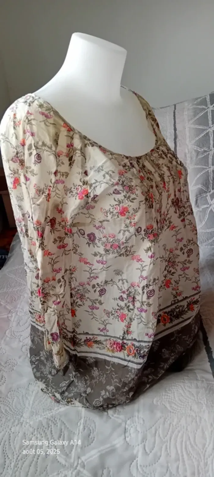 Blouse légère manches 3/4 motif fleurs esprit bohème beige femme 38 promod - photo numéro 6