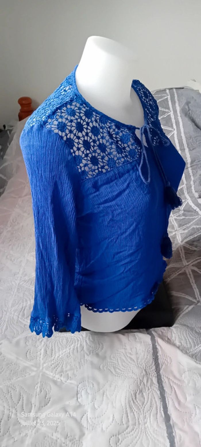 Blouse courte manches pagodes avec dentelle tissus plissé lien à pampilles bleu femme L - photo numéro 3