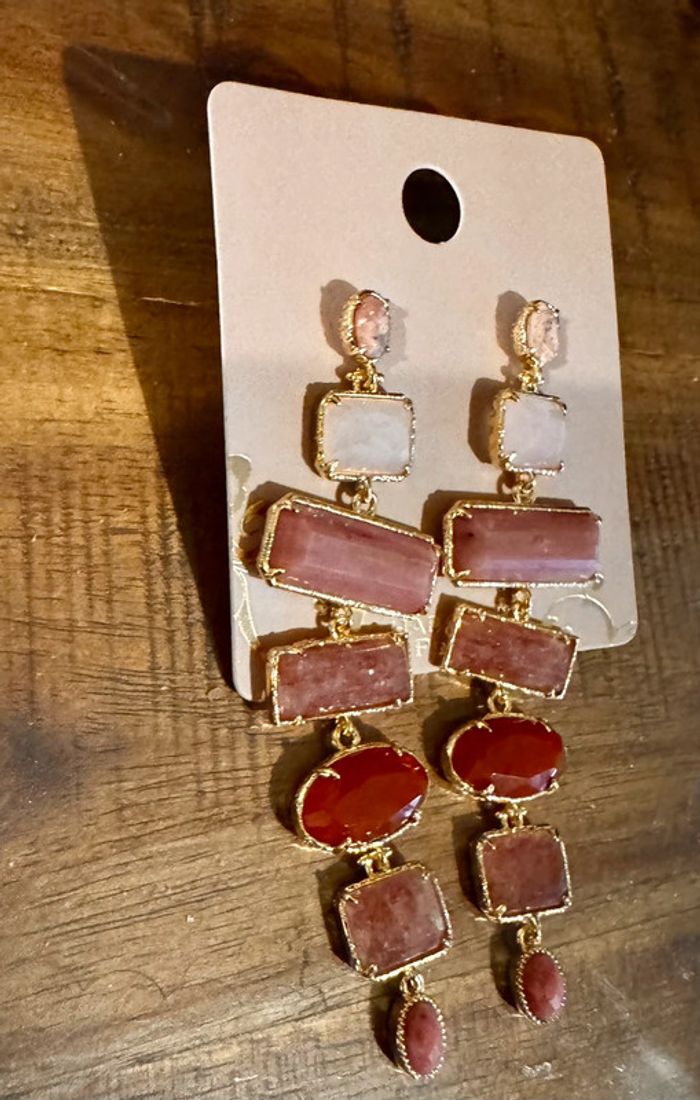 Grosses boucles d’oreilles acière inoxydable or habaha Paris quartz jade rose rhodhont - photo numéro 2