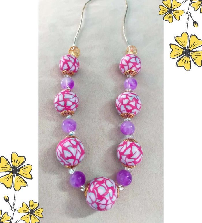 Collier vintage fait main – Perles roses en polymère & perles violettes – Collection Nuances de Rose - photo numéro 7