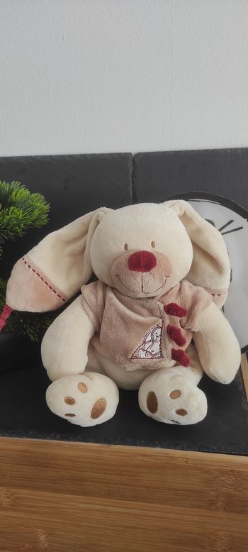 Nicotoy doudou Bastien lapin beige marron rouge peluche gilet ancien vintage