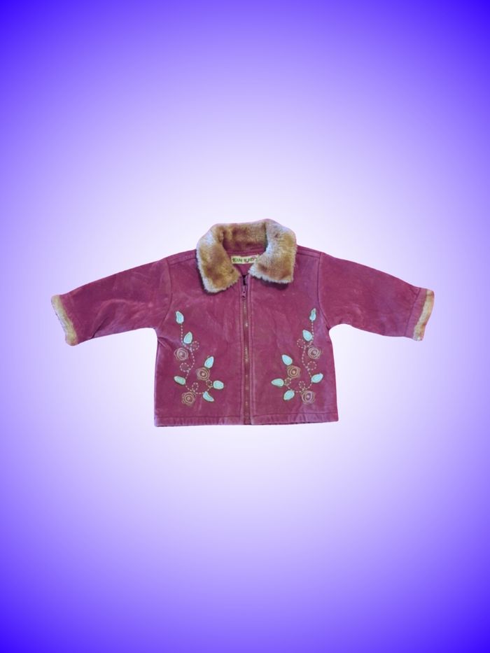 Manteau Bébé/Enfant Velours Côtelé Bordeaux Tom Kids – Col Fourrure & Broderies Florales – 12 mois, 74 cm – Très Bon État
