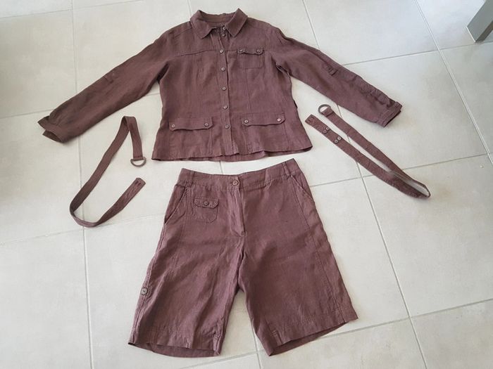 Ensemble 2 pièces SYM 100% lin  marron manches relevables - photo numéro 2