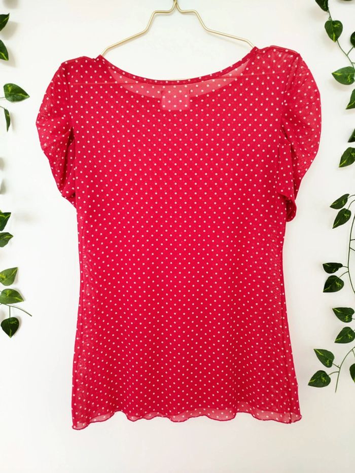 Tee-shirt femme Zara basic framboise/fushia à pois blancs taille L - photo numéro 4