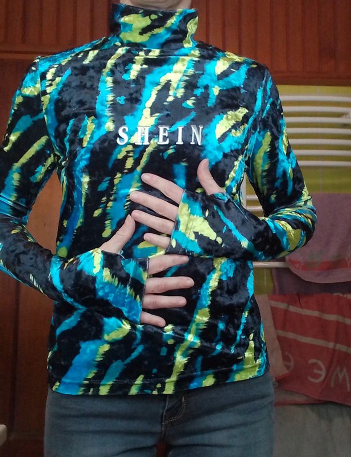 Pull femme col roulé Shein bleu vert noir - photo numéro 3
