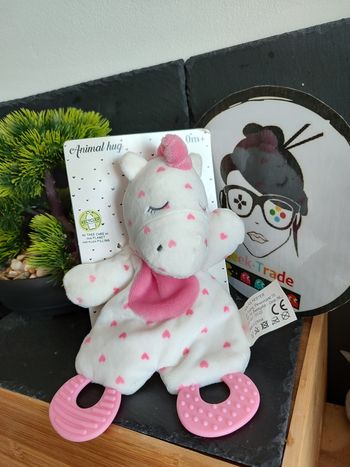 doudou plat licorne action zd trading rose blanc coeur dentition bruissant D3217