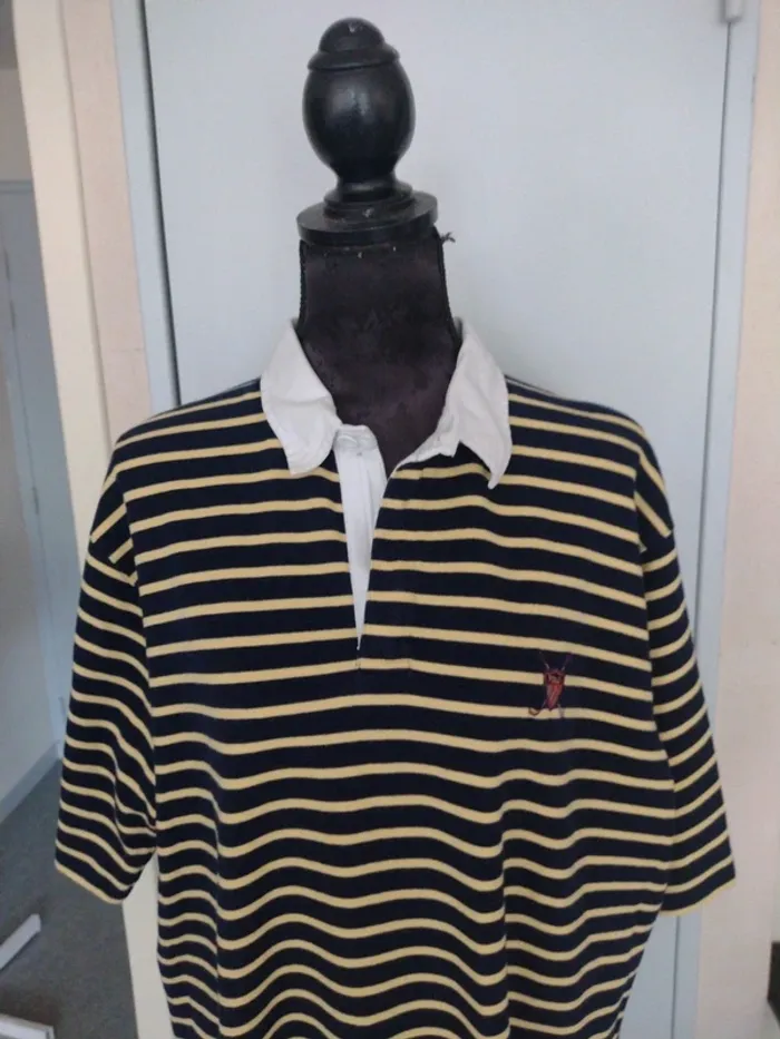 Polo vintage rugby Ralph Lauren rayé bleu marine et jaune – Taille XL – Col blanc zippé et bouton - photo numéro 2