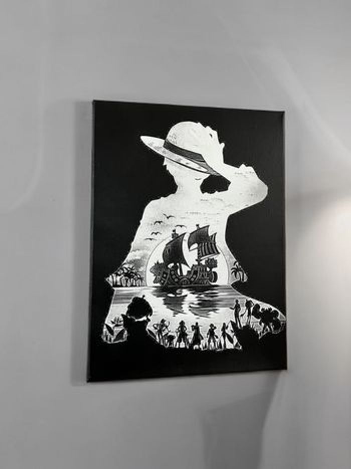 Tableau One Piece noir et blanc – Luffy et l’équipage, style silhouette en toile 30x40cm - photo numéro 3