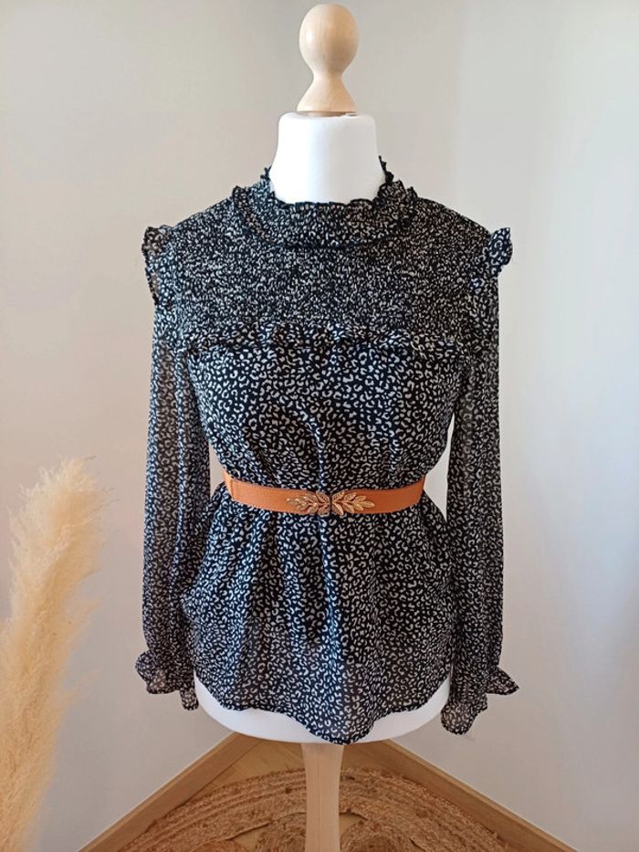 Blouse noire à imprimé Léopard Majolica taille M 38