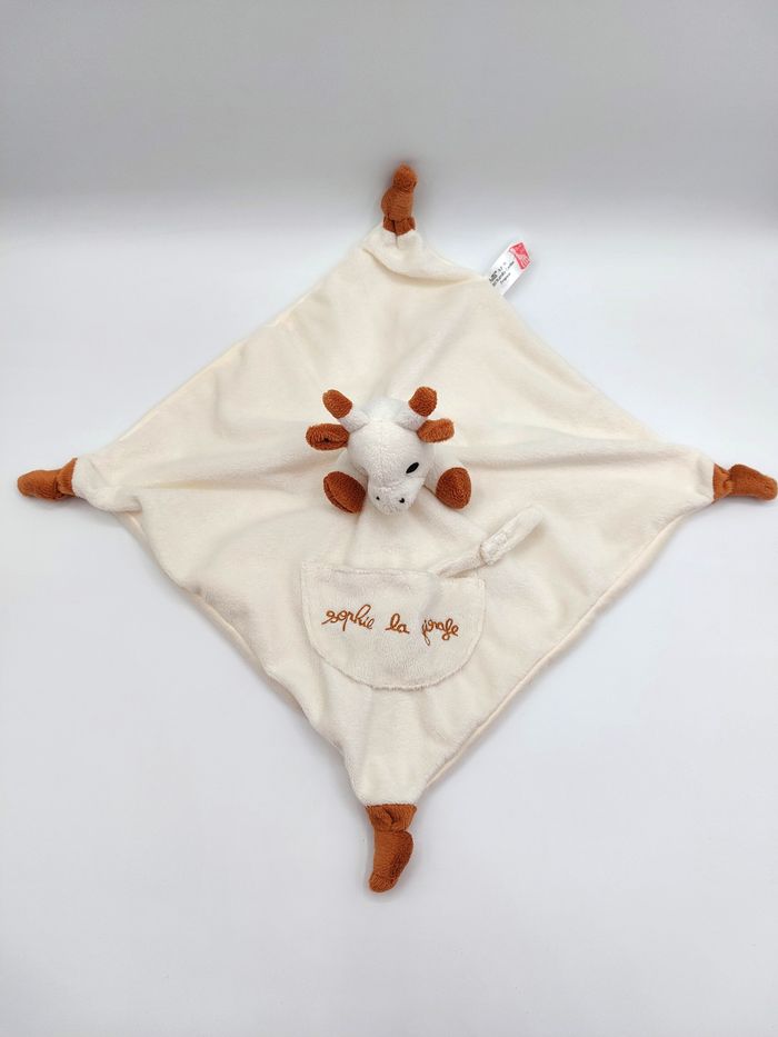 Doudou plat Sophie la girafe VULLI attache tétine écru marron envers tissu comme neuf - photo numéro 2