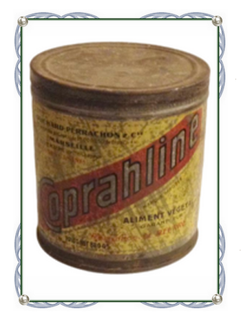 Ancienne boite publicitaire coprahline en métal pour collectionneur