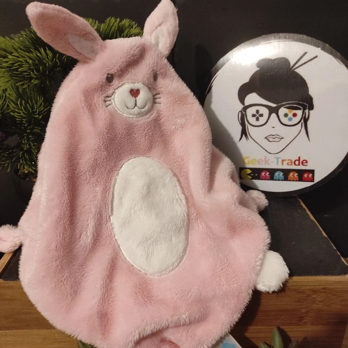 Doudou plat lapin rose Blanc Tex baby Noeud Losange Ovale #geektradedoudou